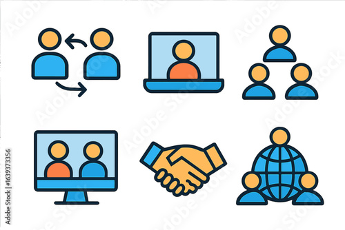 Network collaboration and communication icons showcasing teamwork, online meetings, and global connections in a modern digital environment