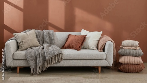 Comfortable modern living room interior featuring a cozy sofa with pillows blankets and knitted cushions against a warm terracotta wall