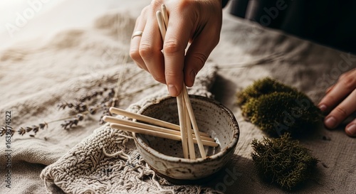 Hand Placing Wooden Sticks into Bowl on Rustic Textile Surface