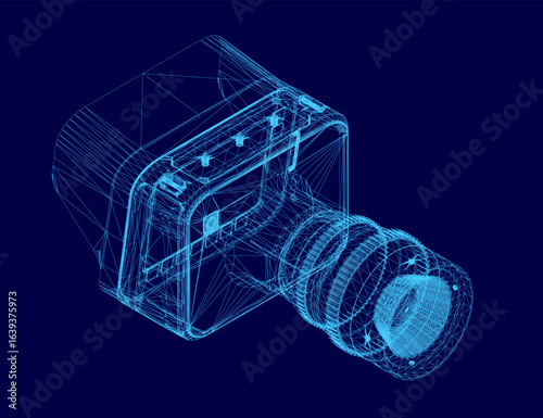 A 3D wireframe model of a camera displays intricate internal components against a clean blue background. The blueprint-style rendering highlights technical details with precise geometric lines.
