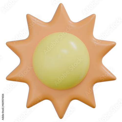3D Cartoon Sun Icon with Yellow Rays – Cute Minimalist Summer Symbol Isolated on Transparent Background