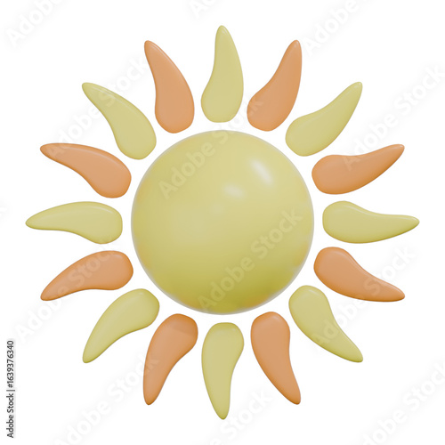 3D Cartoon Sun Icon with Yellow Rays – Cute Minimalist Summer Symbol Isolated on Transparent Background