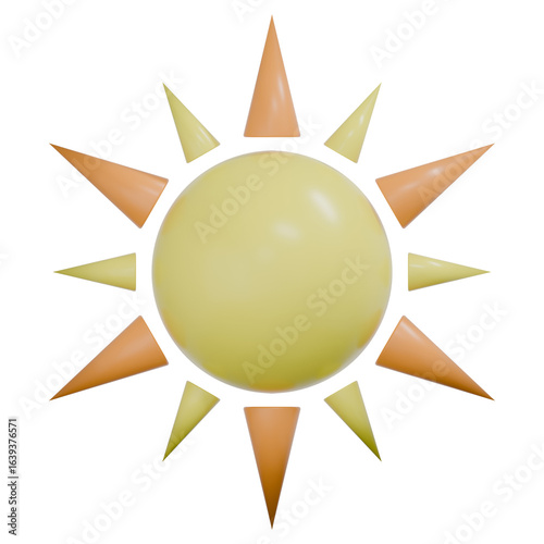 3D Cartoon Sun Icon with Yellow Rays – Cute Minimalist Summer Symbol Isolated on Transparent Background
