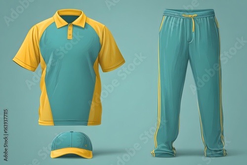 Vector sports set: cricket jersey, trousers, cap, teal and yellow, copy space.