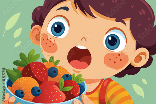 Child with big eyes tasting a new fruit, surprise and delight on face