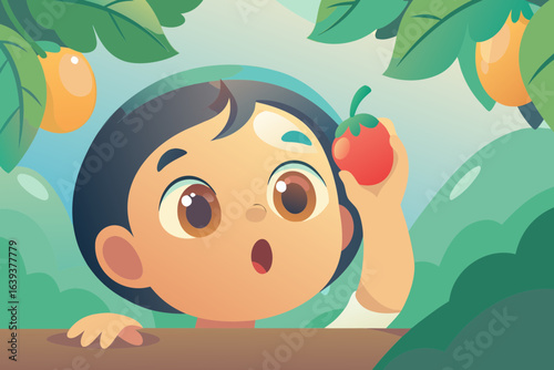 Child with big eyes tasting a new fruit, surprise and delight on face.