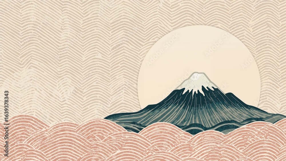 Abstract geometric design incorporating wave lines and mountain motifs in a 2D Eastern-themed background Abstract geometric design incorporating wave lines and mountain motifs in a 2D Eastern-themed background
