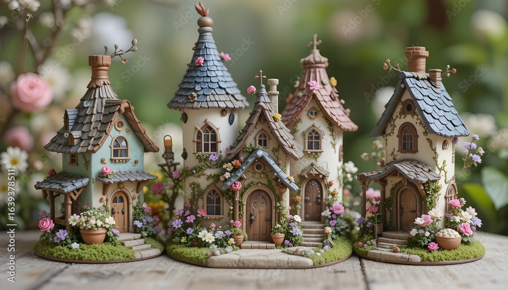 Obraz premium Maisons Miniatures Fantaisistes avec Tournesols et Fleurs