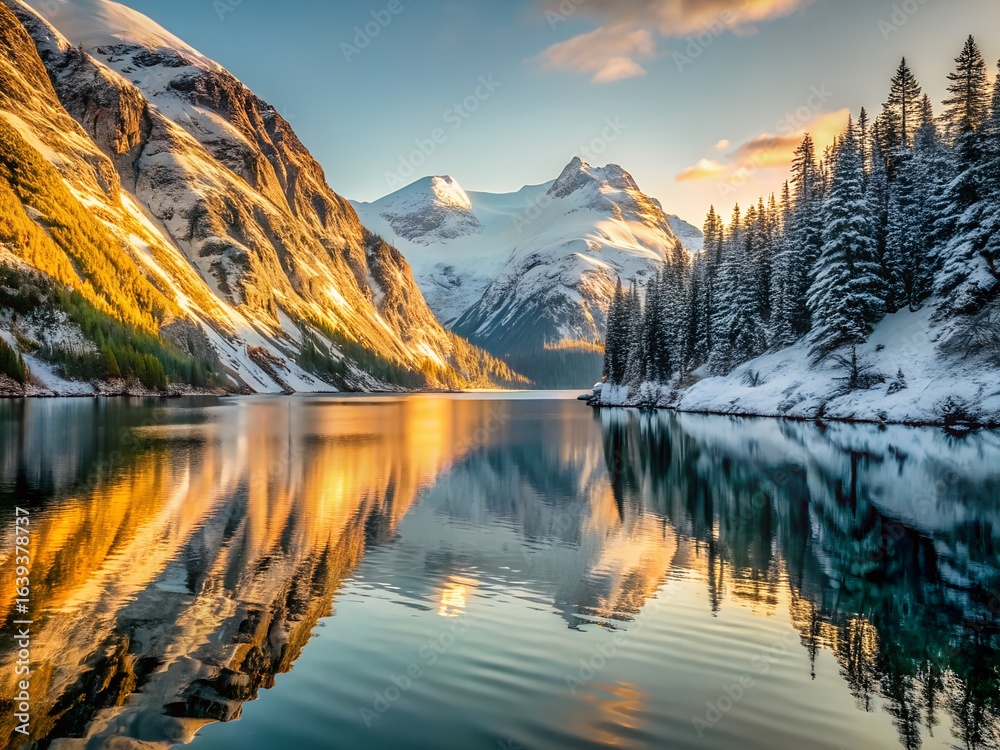Fototapeta premium Golden Sunset Reflecting on a Calm Winter Mountain Lake