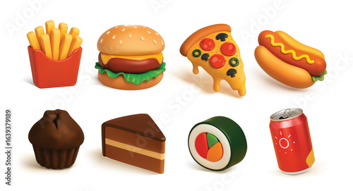 3D Vector Icons of Fast Food in Cartoon Style