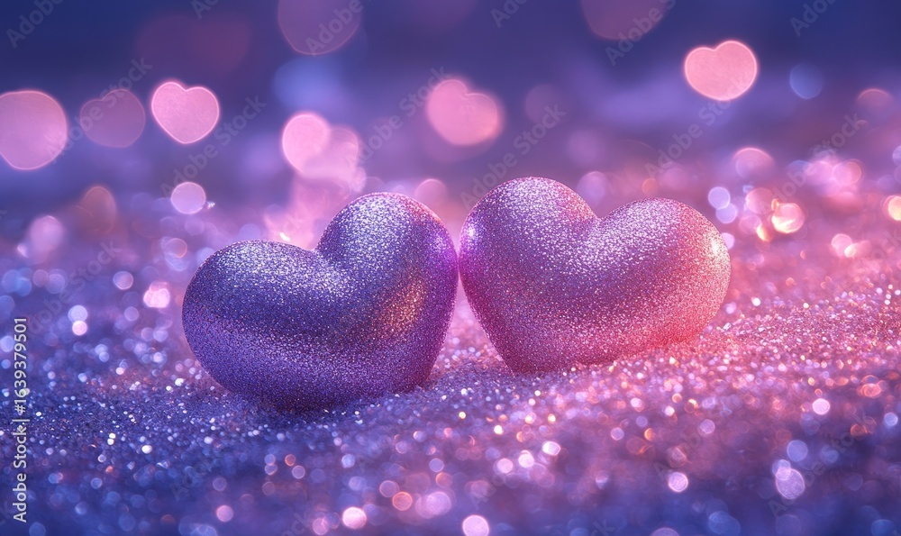 Fototapeta premium Purple and pink glitter vintage lights background with hearts overlay, creating a romantic and festive atmosphere for celebration and event visuals, Generative AI