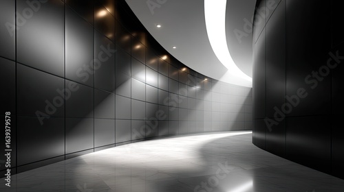 Tilted Grid of Brushed Steel Panels Reflecting Light in a Modern Corridor