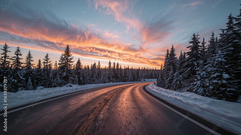 Snow-covered winter scene with road glowing in orange sunrise light Snow-covered winter scene with road glowing in orange sunrise light