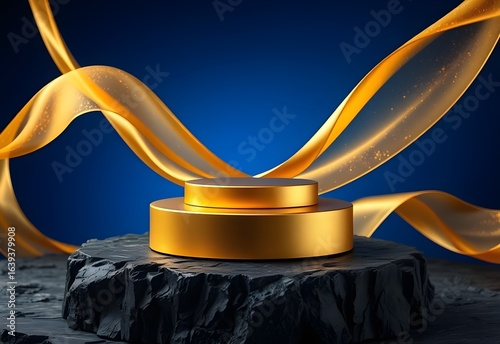 Golden award medal with ribbon illustration and vintage wavy decoration frame