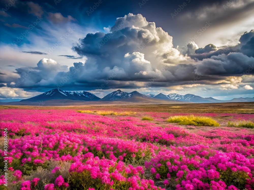 Fototapeta premium Vibrant Pink Wildflower Field Against Dramatic Mountain Sunset