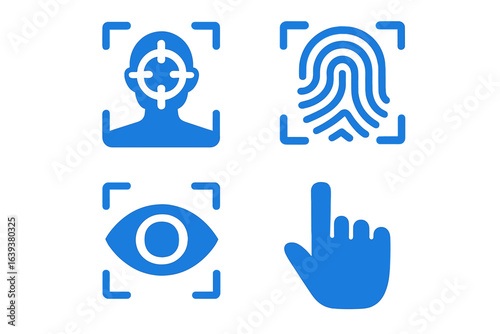 Various biometric authentication methods including facial recognition, fingerprint scanning, eye detection, and touch input displayed in blue visuals