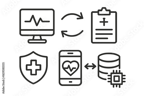 Health technology symbols illustrate the integration of digital tools in patient care and data management processes