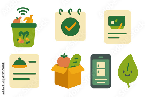 Graphic representation of sustainable food practices with icons showcasing meal planning and waste management