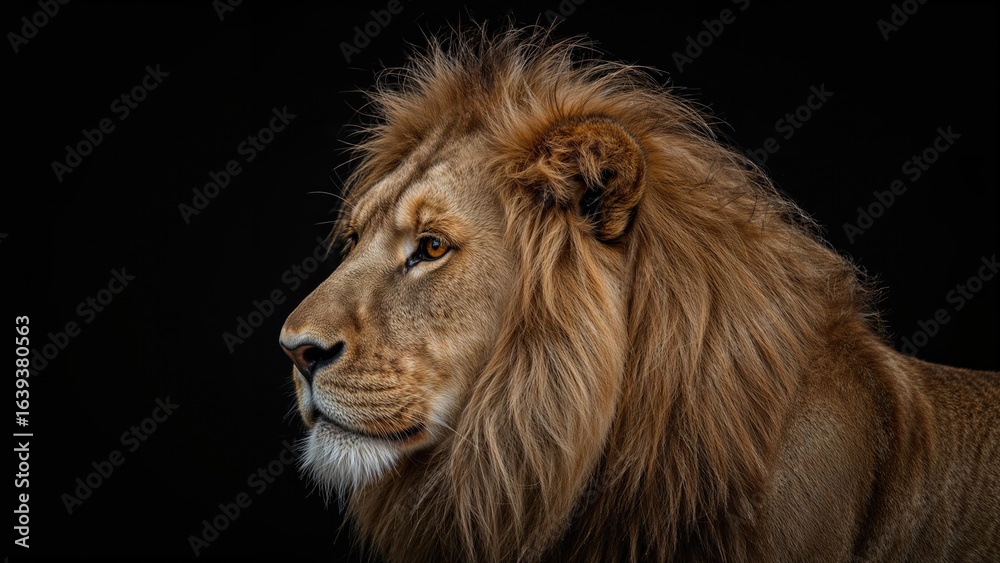 Obraz premium Profile shot of a lion with a black background