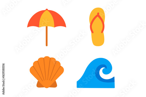 Summer beach essentials include umbrella, flip-flops, shell, and ocean wave for a perfect seaside getaway