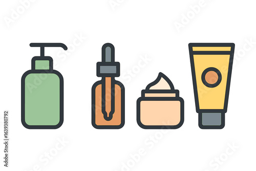 Collection of skincare products including lotion, serum, cream, and sunscreen in a simple design on a white background