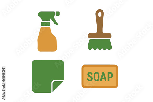 Cleaning supplies arranged for efficient household chores including spray bottle, scrub brush, and bar of soap