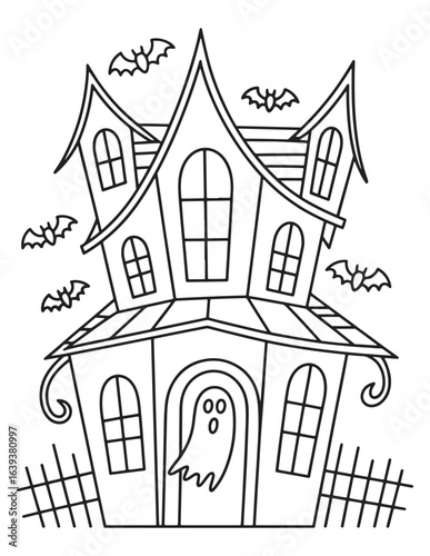Spooky Haunted House with Bats Flying – Creepy Halloween Coloring Sheet for Kids
