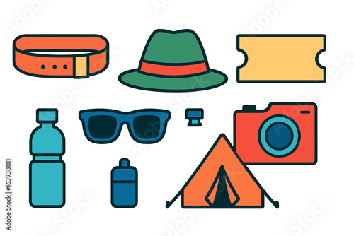 Essential camping gear includes hat, sunglasses, water bottle, and tent for outdoor adventures