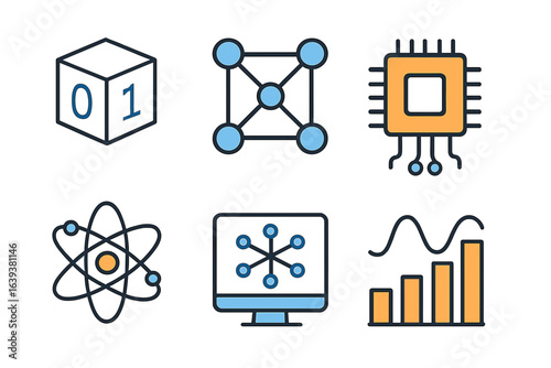 Icons representing technology and data science concepts in a modern digital style
