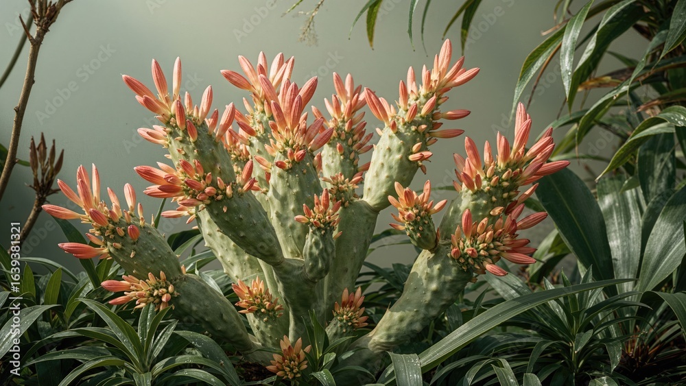 Fototapeta premium Exhibit of Schlumbergera Truncata, commonly called false Christmas cactus, at a plant conservatory