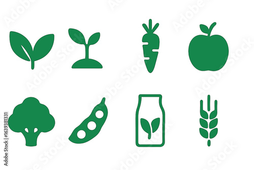 Green icons representing agricultural products and healthy eating choices in a minimalistic design approach