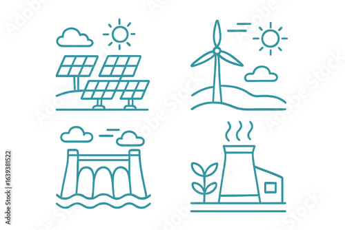 Renewable energy sources illustrated with wind, solar, hydro, and geothermal power in a clean and green environment