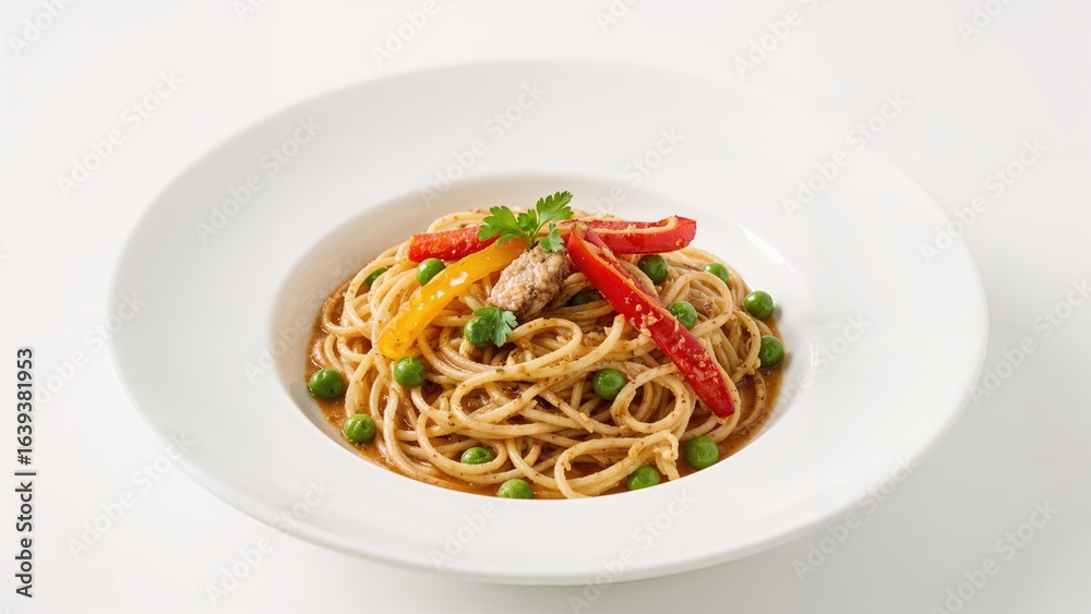 Creamy sauced spaghetti accompanied by smoked mackerel, peas, diced bell pepper, and parsley on a white plate set on a white surface. Creamy sauced spaghetti accompanied by smoked mackerel, peas, diced bell pepper, and parsley on a white plate set on a white surface.