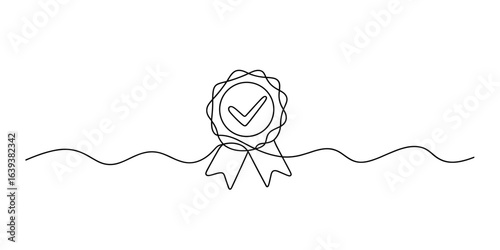 Award ribbon with check mark continuous line drawing vector illustration