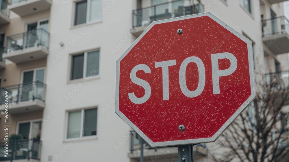 Fototapeta premium Traffic stop sign positioned before a housing complex