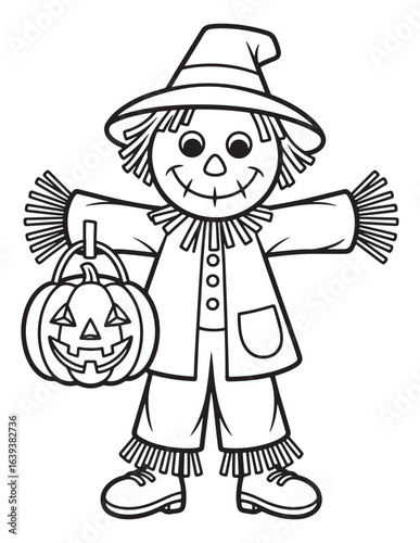 Friendly Halloween Scarecrow Holding a Pumpkin Bucket – Easy Coloring Sheet for Kids
