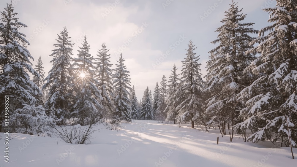 Fototapeta premium Snow-covered pine forest in a winter setting