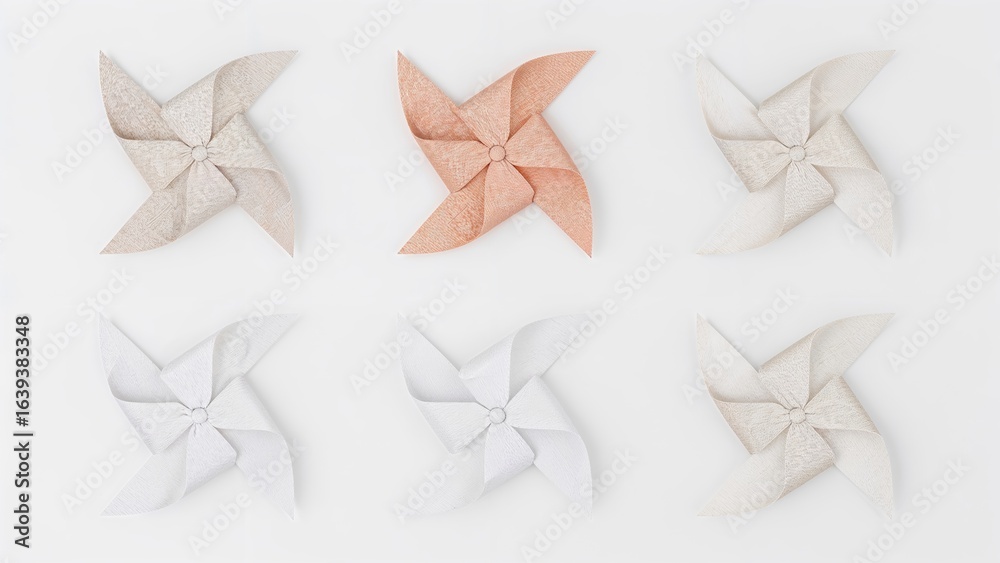 Obraz premium Six decorative pinwheels displayed on a clean white canvas