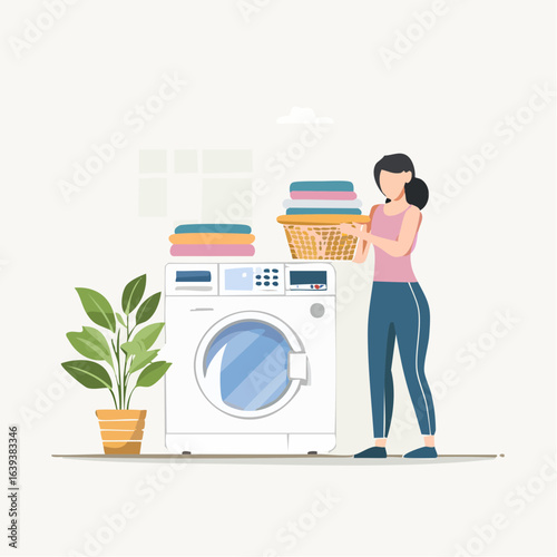 Woman loading laundry into a washing machine in a modern laundry room.