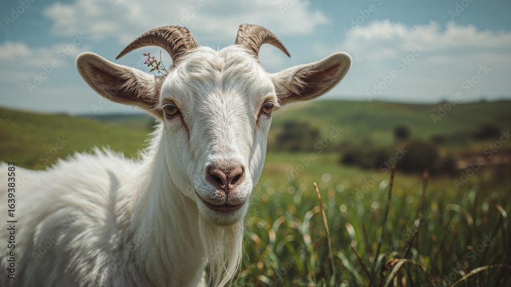 Fototapeta premium Smiling white goat captured in a pastoral landscape