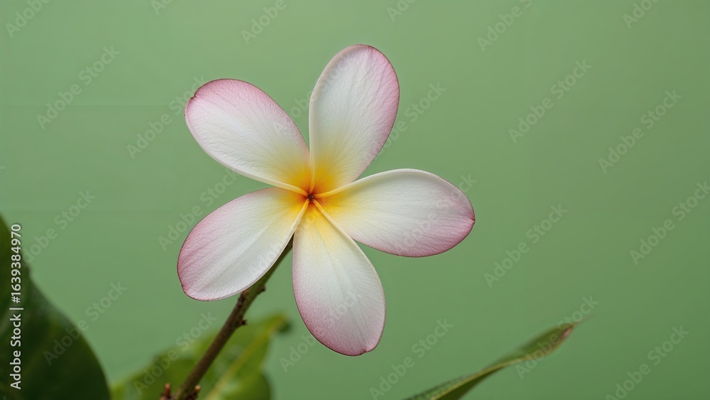 Naklejka premium Colorful Plumeria bloom featuring shades of pink and yellow against a purple setting