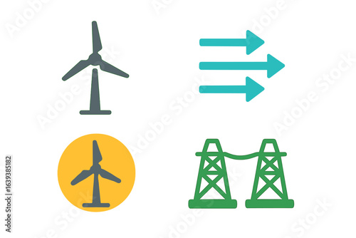 Wind energy symbols representing sustainable power generation and electricity transmission