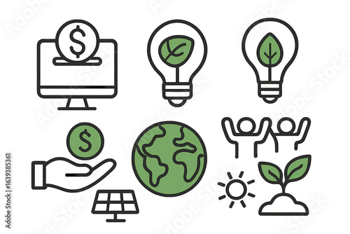Illustration showcasing sustainable economy concepts with icons of growth, finance, and environmental care