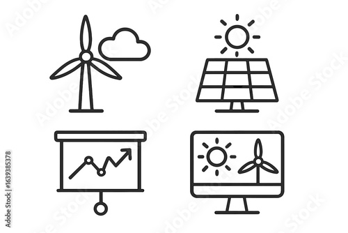 Renewable energy symbols showcasing wind turbines and solar panels with a cloud under bright sun in a modern design