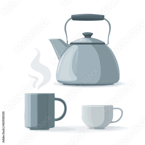 My Simple flat 2D icon tea kettle and mug with steam isolated on a white background, vector, flat design, animation design, vector, simple flat 2D icon, minimalist design, vector design