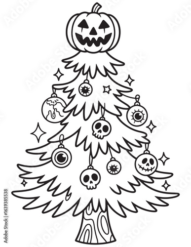 Spooky Christmas Tree Decorated with Skulls, Pumpkins, and Ornaments, Creepy Cute Holiday Line Art Coloring Page
