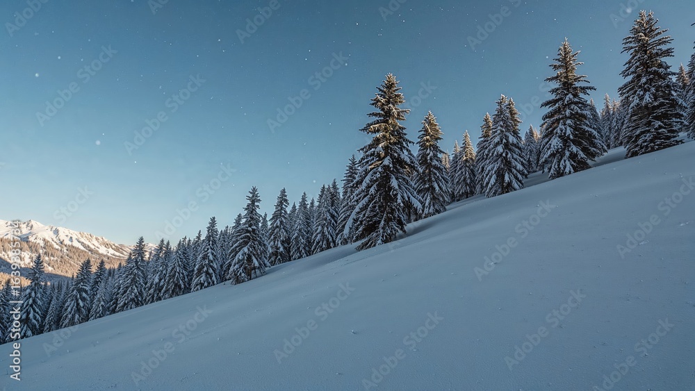 Fototapeta premium Beautiful Winter Landscape Featuring Snow-Covered Hills and Evergreen Trees