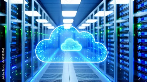 Data Center Cloud: Digital Information Flow in Server Room with Blue Neon Glow