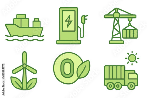 Various green icons representing sustainable transportation, energy, and infrastructure development in urban settings