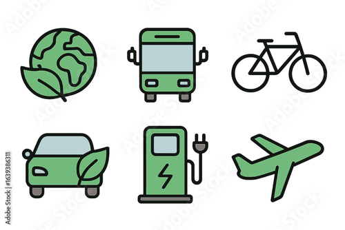 Illustrations highlighting sustainable transportation methods and eco-friendly practices for a greener planet